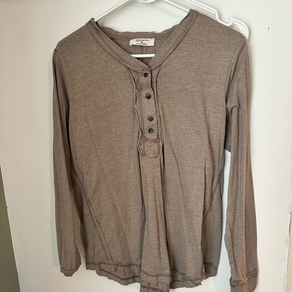 Zenana Outfitters Brown Long Sleeve Henley Top